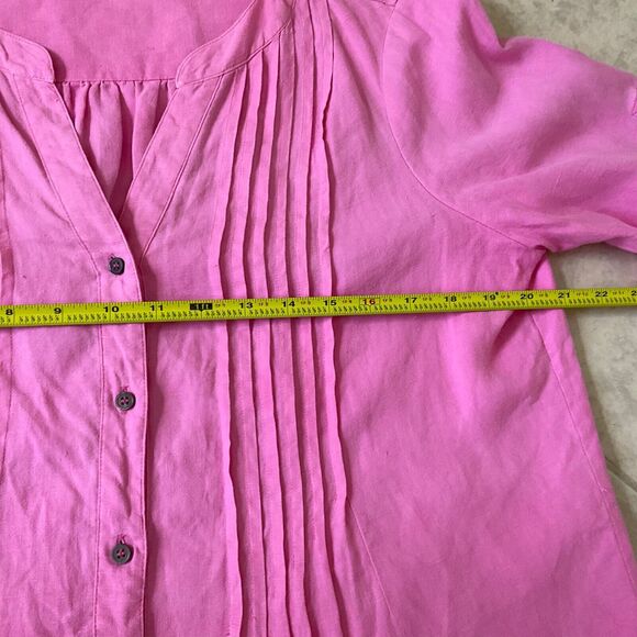 Chaus Sport Top Linen women’s M Pink Roll Tab Sleeves Button up Pin Tuck Blouse - Picture 7 of 10